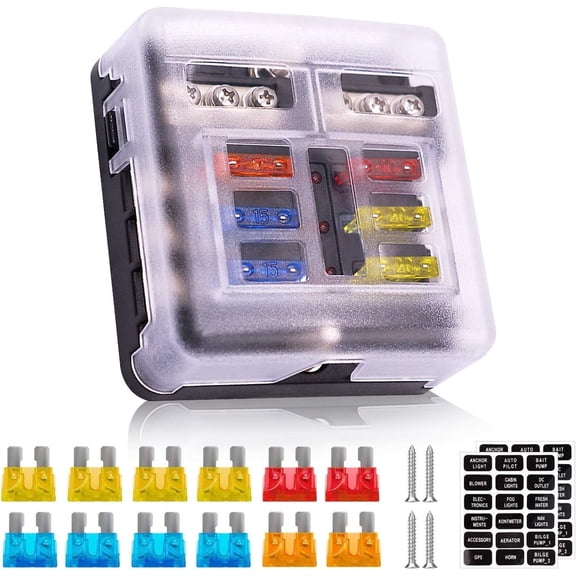12V Fuse Box 6 Way 12 Volt Fuse Block ATO/ATC with LED Indicator Light Waterproof 24V for Marine Automotive Boat Car Truck