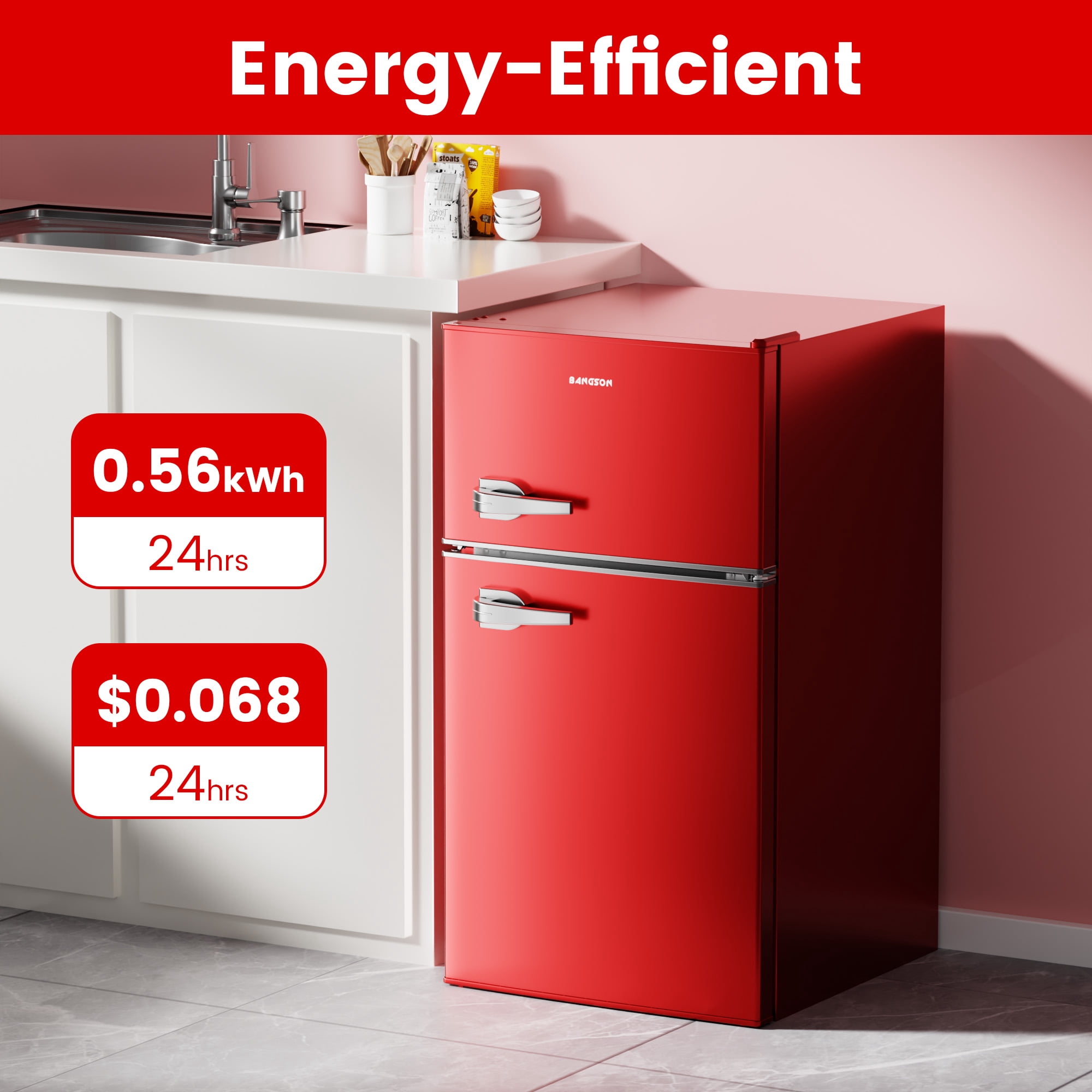 BANGSON 3.2 Cu.Ft Retro Mini Fridge with Freezer, Small Refrigerator for Dorm Room & Home Bar ,Red