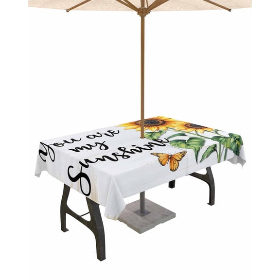 Outdoor Tablecloth with Umbrella Hole for Patio/Picnic/Party/Camping, Yellow Sunflower Waterproof Table Cloth Rectangle Table Cover Washable, Butterfly Sunshine Farmhouse Country 60"x 84"