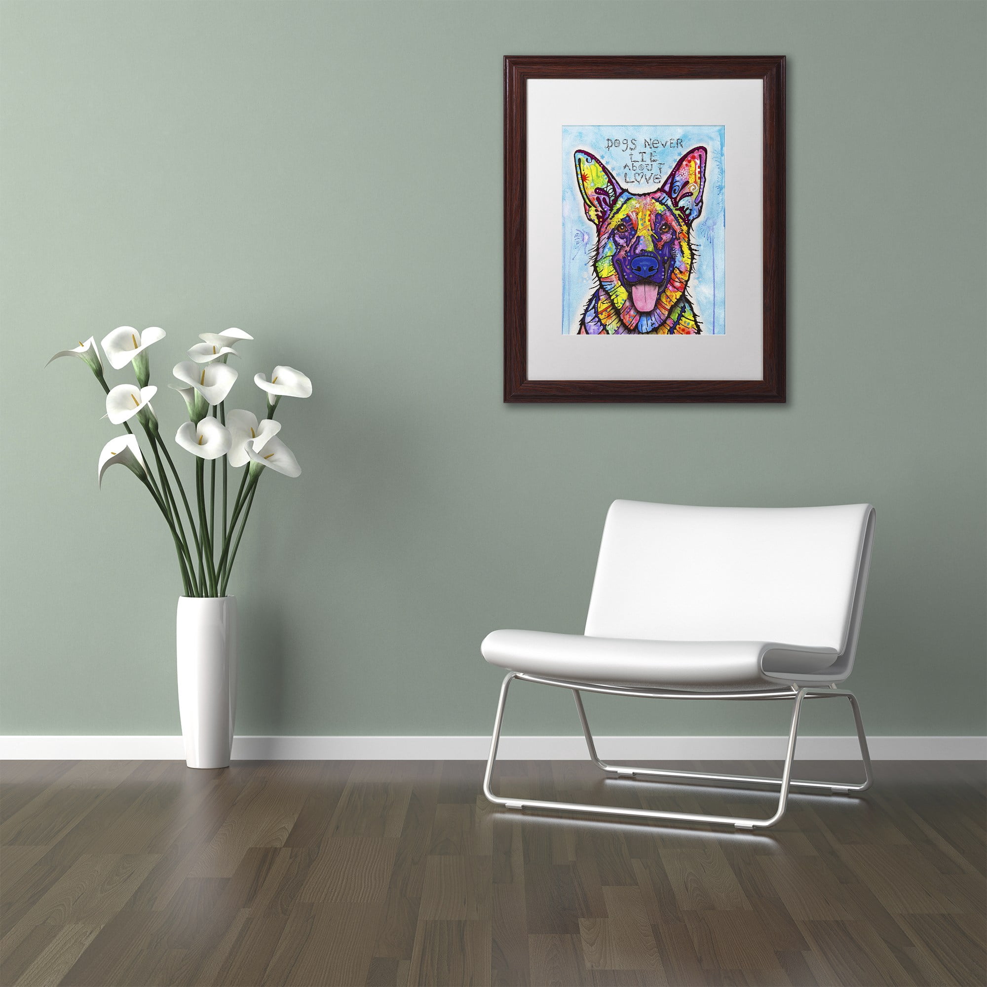 Trademark Fine Art 'Dogs Never Lie' Canvas Art by Dean Russo, White Matte, Wood Frame