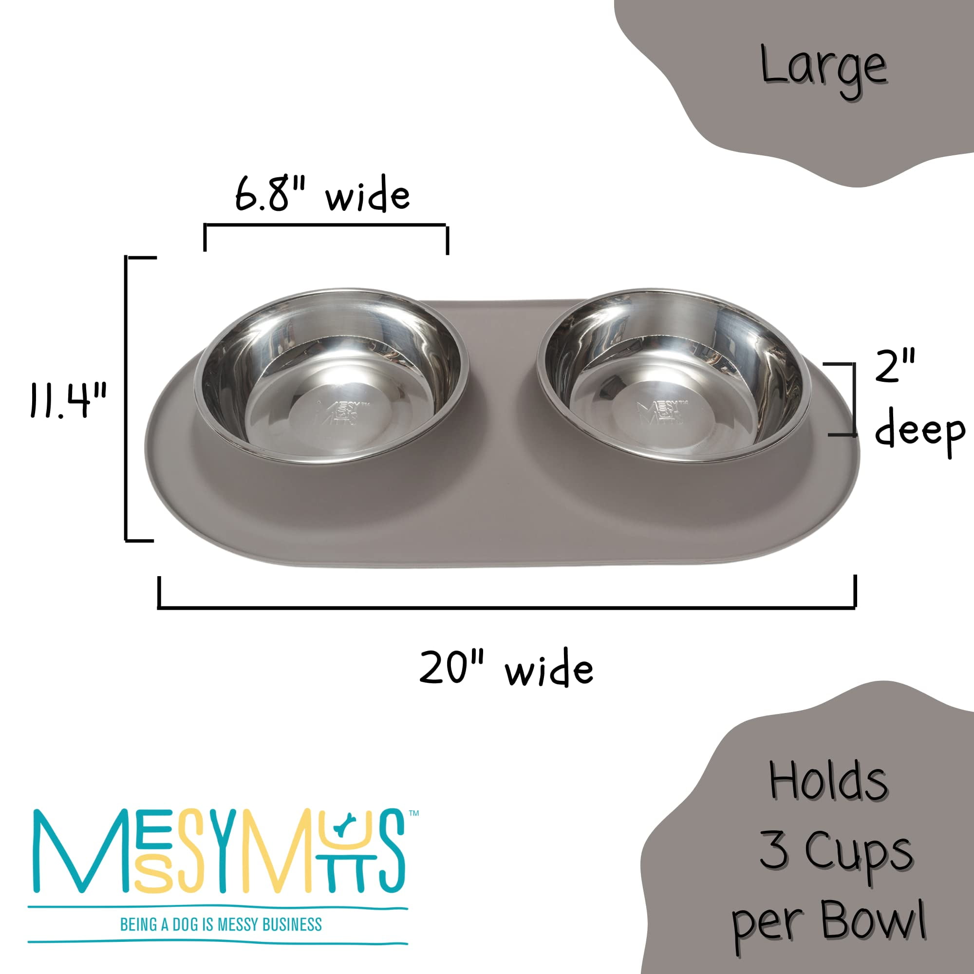 Messy Mutts Double Silicone Feeder with Stainless Bowls | Non-Skid Food Dishes for Dogs | Sizes Available for All Pets | Dog Food Bowls | Large, 3 Cups Per Bowl | Grey