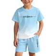 thumbnail image 6 of ZXLBBD Girls' Summer Letter Print Gradient Print Outfit for Kids Short Sleeve Design Casual Outdoor Ensemble Clothes Sets,Light Blue,Size 11 Y-12 Y, 6 of 7