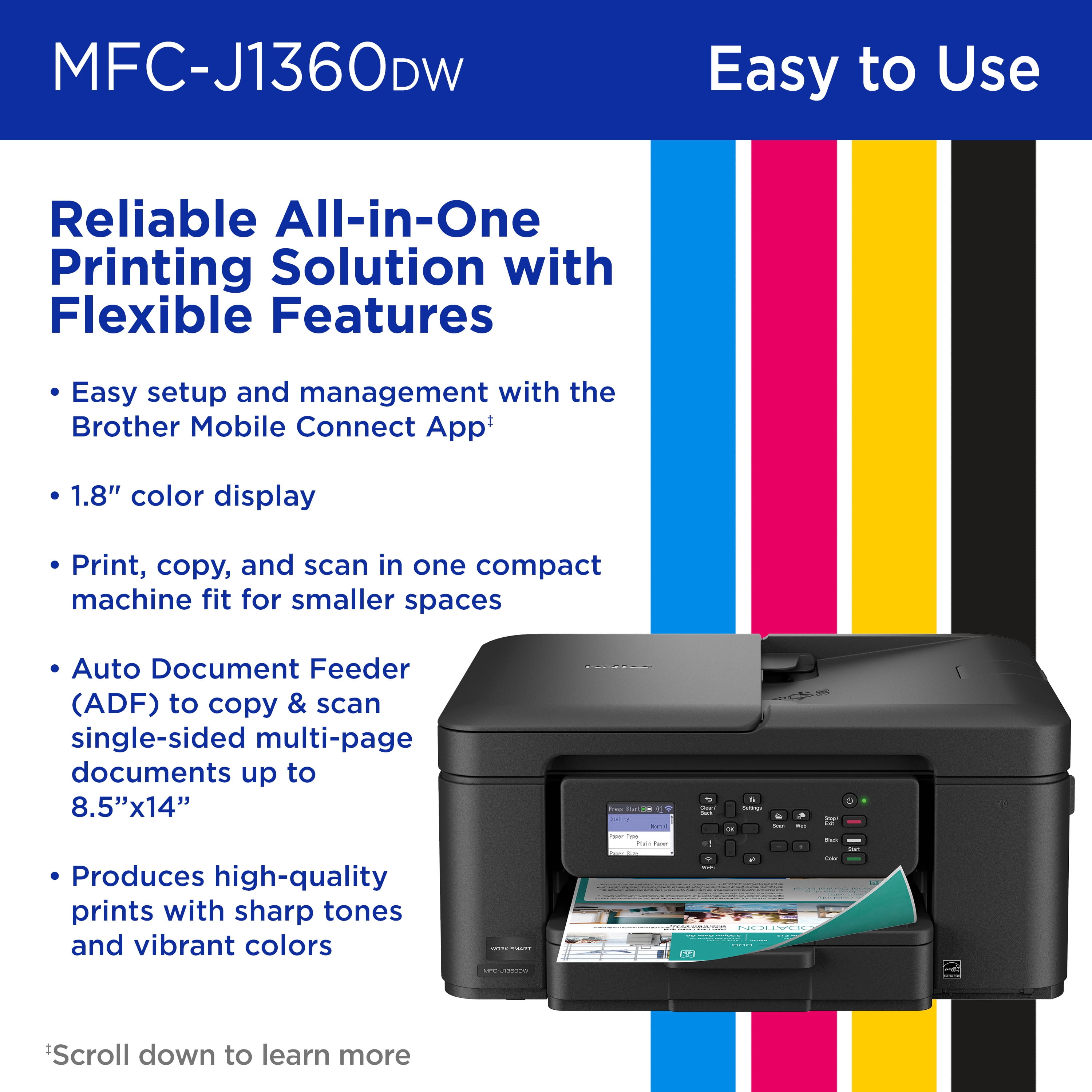 Brother MFC-J1360DW Work Smart Wireless All-in-One Color Printer – Prints on Both Sides, Copies and Scans Multiple Pages, Easy-to-Use Color Display