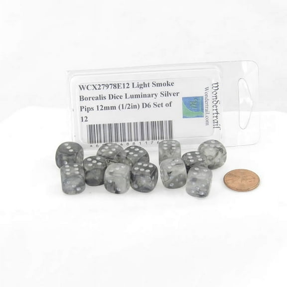Light Smoke Borealis Dice Luminary with Silver Pips 12mm (1/2in) D6 Set of 12 Wondertrail