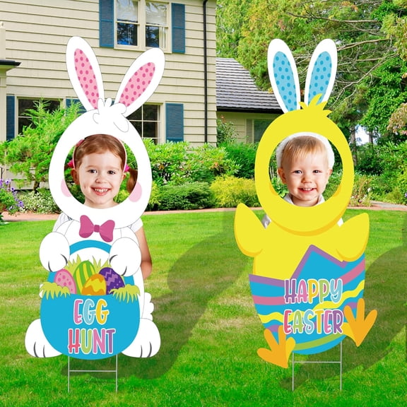 Easter Face Yard Sign Decorations, Large Easter Bunny & Chick Yard Sign with Stakes,Waterproof Happy Easter Yard Signs for Egg Hunt, Spring Holiday,Photography Outdoor Lawn Garden Decorations