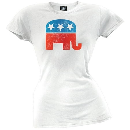 - Distressed Republican Elephant Logo White Juniors T-Shirt