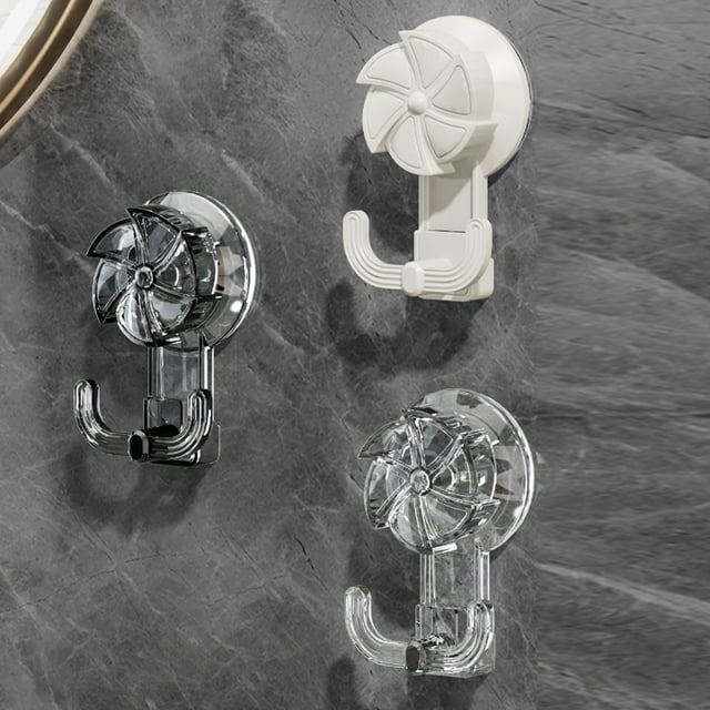 Ganchos de ventosa con sujeción fuerte | Doble gancho del molino de viento sin marca | Plástico de adhesión sin herramientas | Blanco Transparente | Organizador de puertas de baño de 4"x2,4", sin