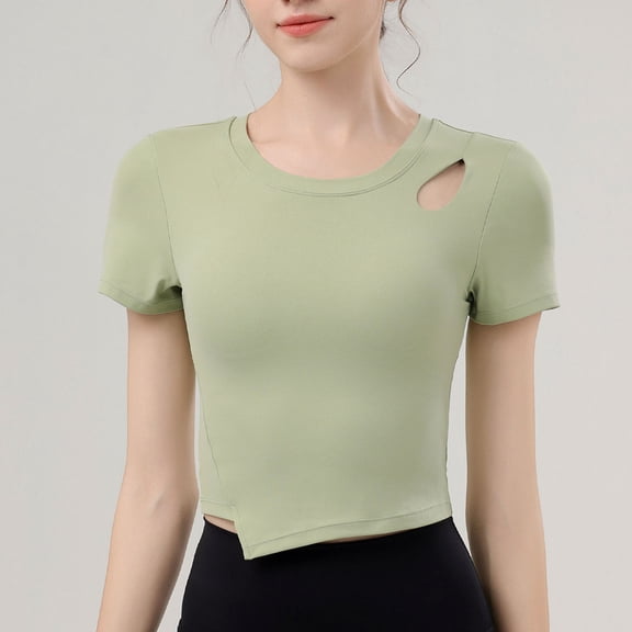 Women's T-Shirt with Built in Bra, Seamless Ribbed Cut Out Top, Stretchy Casual and Workout Shirt