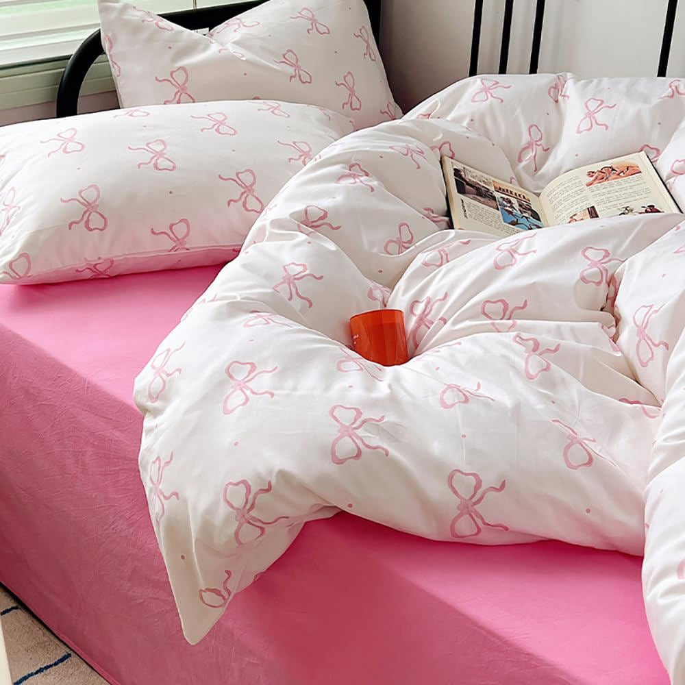 2 Pieces Cartoon Bowknot Duvet Cover Set Pink Bow Tie Knot on White Princess Bedding Set Soft Home Cozy and Breathable Comforter Cover Set,Twin Size