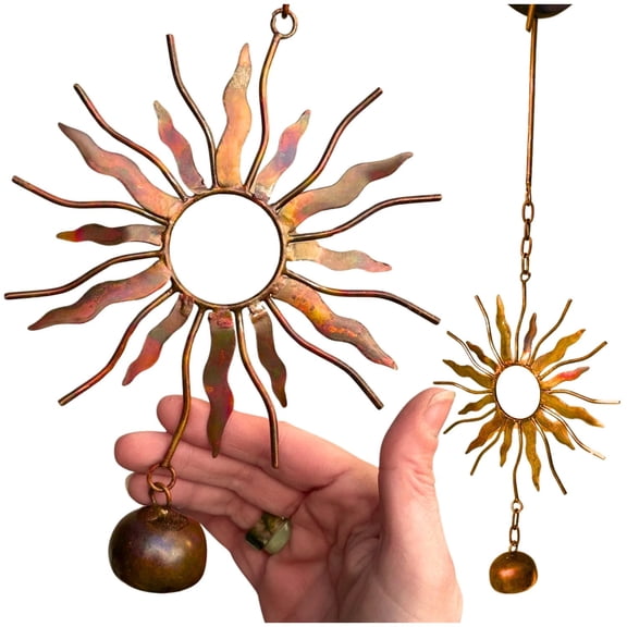 Happy Gardens Flamed Metal Sun with Bell Hanging Ornament – Outdoor Garden Décor, Handcrafted Rustic Sun Face (1-Pack)