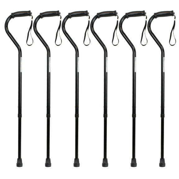 Dynarex Offset Cane, Provides Mobility Support with Offset Handle and Includes Wrist Strap, Anodized Aluminum, 250 lb. Weight Capacity, Black, 6 Canes