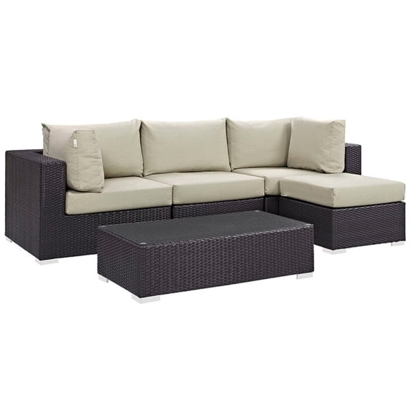 Modway Convene 5 Piece Outdoor Patio Sectional Set in Espresso Beige
