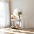 thumbnail image 4 of Oatmeal Beige Boho Style Console Table - a narrow entryway table with 2 drawers, an open storage shelf, and rounded corners. also as a sofa table., 4 of 7