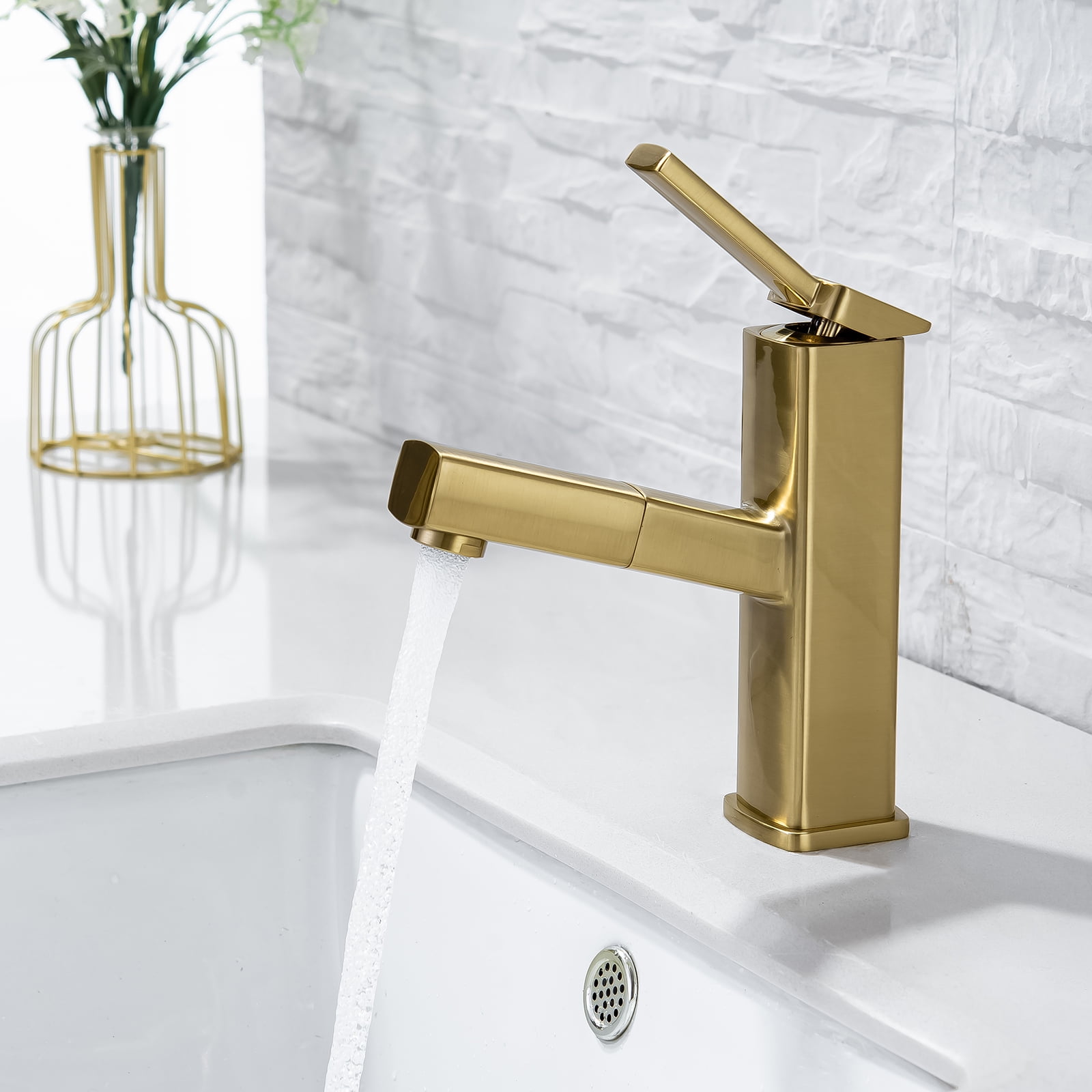 KAIYING Single Handle Bathroom Sink Faucet with Pull Out Sprayer, Rotating Spout, Pull Down Basin Mixer Tap for Hot and Cold Water (Regular,Brushed Champagne Gold)