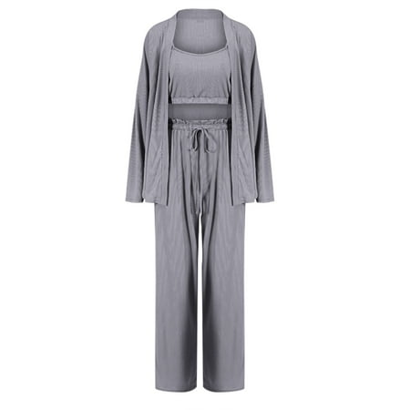 

JDEFEG Womens Jumpsuits Ladies Spring and Summer Pajamas Vest Three Piece Ice Strip Trousers Nightgown Fashion Ladies Home Clothes Women Plus Snow Pants 3X Grey Size M