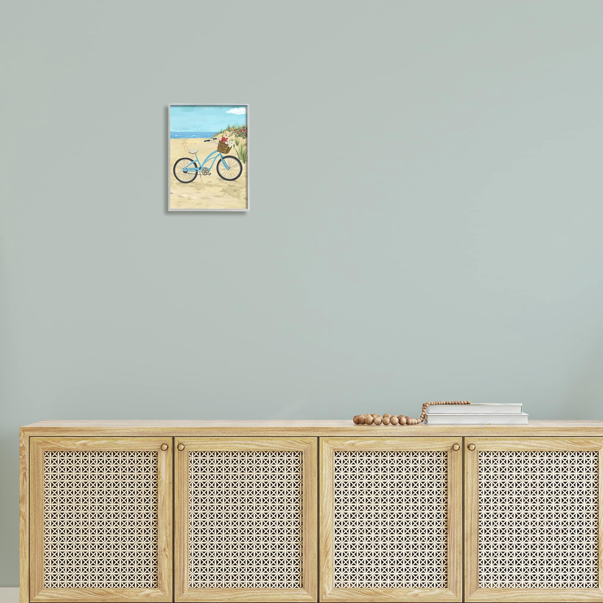 Stupell Industries Blue Bicycle Flower Blossom Basket Beach Sand Painting Gray Framed Art Print Wall Art, Design by Sharon Lee
