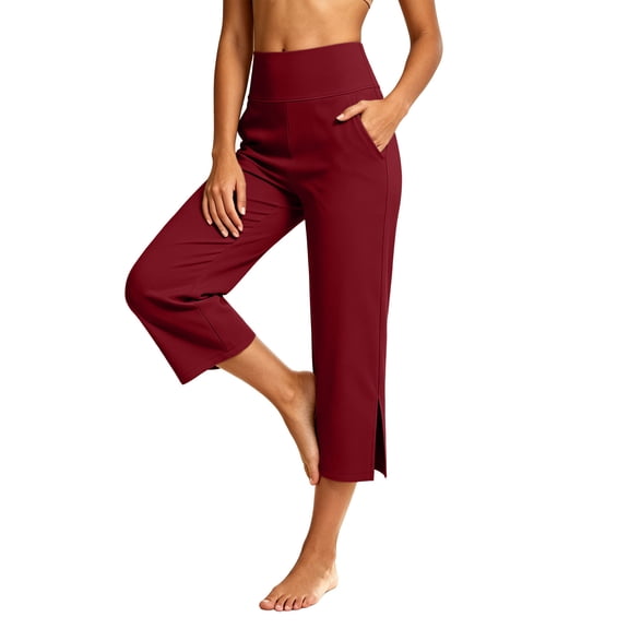 Timegard Capri Pants for Women Straight Leg Yoga Dress Capris with Pockets Loose Casual High Waist Side Split Work Crop Pants