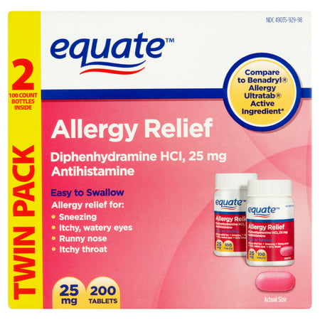 equate Diphenhydramine Hydrochloride antihistaminique Soulagement des allergies 25mg, 200CT