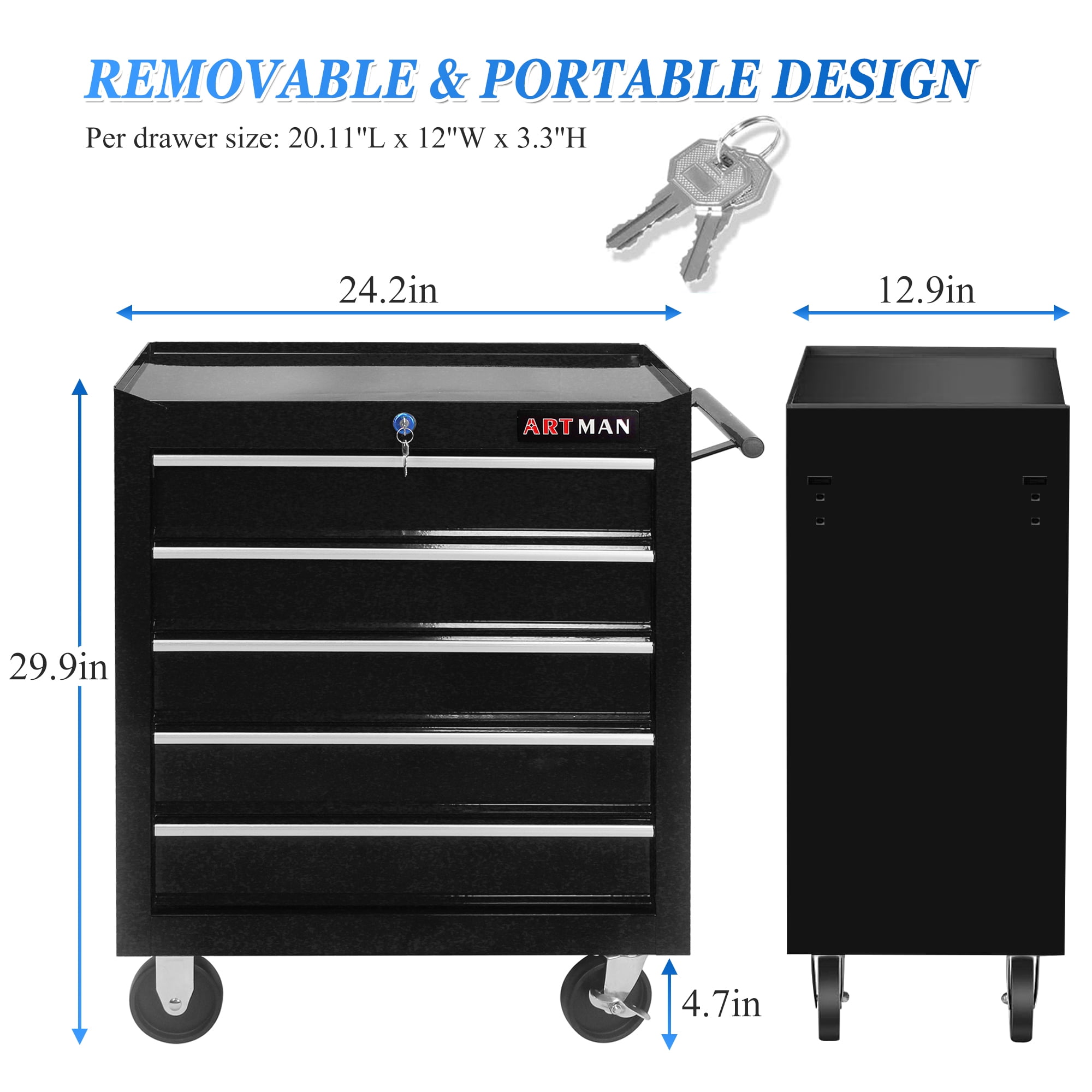 Tool Chest on Wheels, 5-Drawer Rolling Tool Box with Workbench Top, Multifunctional Tool Storage Organizer for Garage, Warehouse, Workshop