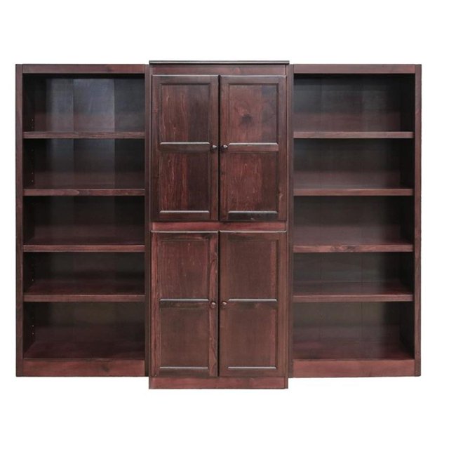 Pemberly Row 15 Shelf Bookcase Wall with Doors 91"Wx72"H in Cherry