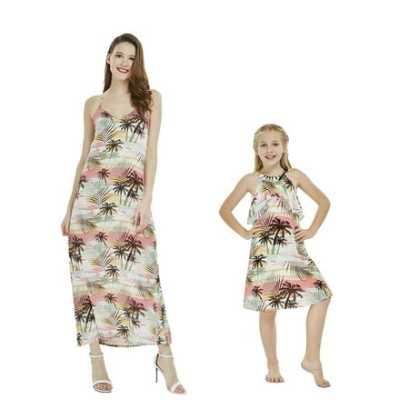 

Matching Hawaiian Luau Mother Daughter Sweetheart and Ruffle Dress in Neon Sunset