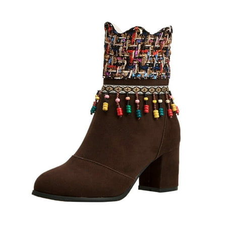 

GNEIKDEING Women Ankle Boots Autumn And Winter Foreign Trade Large T el National Style Comfortable Round Toe Square Heel Gift on Clearance