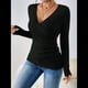 thumbnail image 5 of Camisa de Larga para Mujer, Cuello en V, Punto Acanalado, Suéter Ajustado con Botones, Blusa Informal de Trabajo para Otoño Negro M, 5 of 9