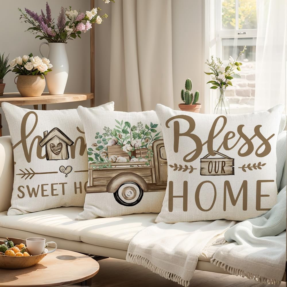 Throw Pillow Covers 20x20 Set of 4 Farmhouse Pillow Covers Natural Home Sweet Home Cushion Cases for Sofa Couch Living Room Outdoor Home Decor