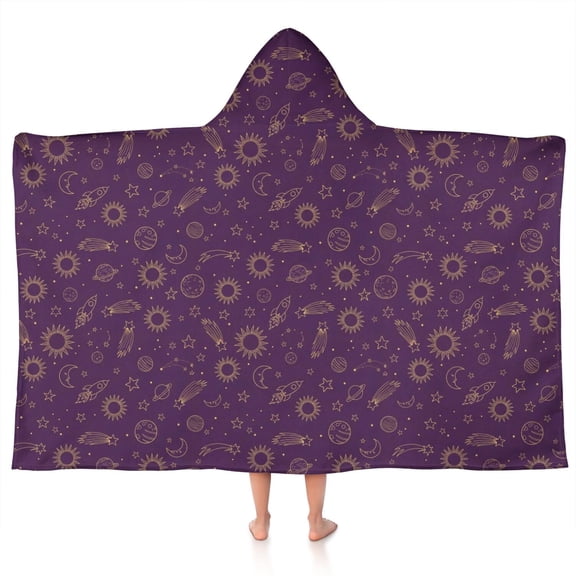 Purple Sun Planet Rocket Star Pattern Hooded Bath Towel,50"x30" for Ages 3 To 12 Kids, Quick Dry Lightweight Soft Microfiber Hood Beach Towel Cover Up for Kids