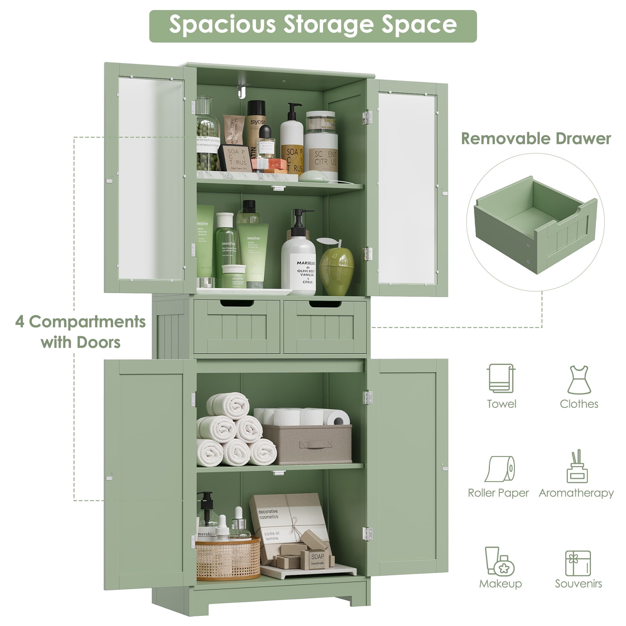 Homfa Bathroom Cabinet, 3-Tier Wood Tall Linen Storage Cabinet with 2 Drawers and 4 Doors for Living Room Office, Green