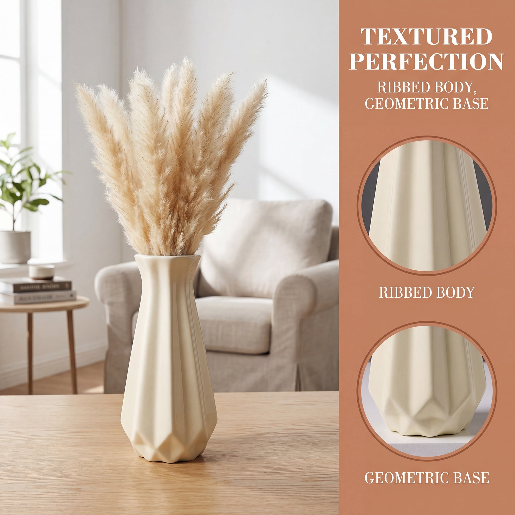 Unique Bargains Matte Ribbed Cylinder Vases Cream Yellow 3.9"L x 3.9"W x 8.0"H