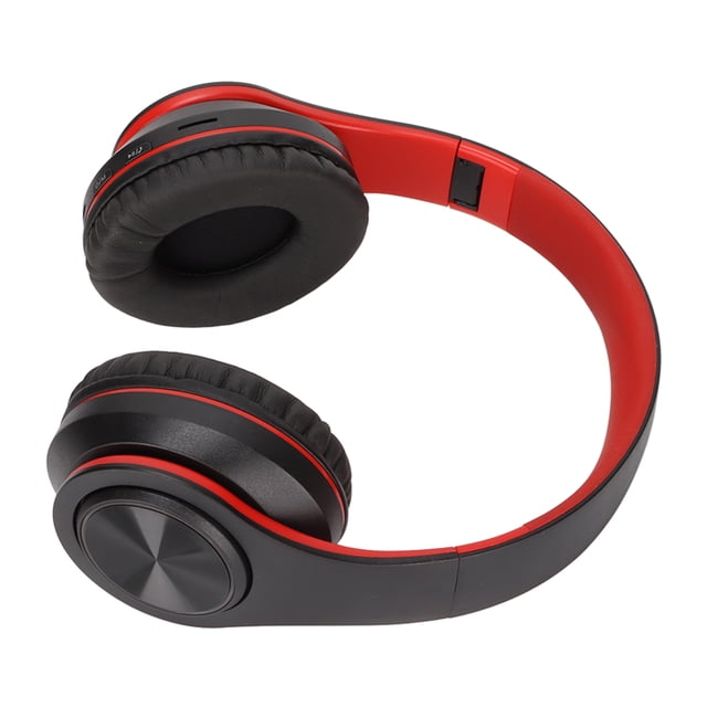auriculares inalámbricos con cancelación de ruido, auriculares estéreo sobre la oreja plegables en rojo y negro con diadema ajustable y almohadillas suaves; vista 3/4 que muestra drivers de 40 mm, controles en copa, soporte para tarjeta de memoria y bisagra plegable, Bluetooth 5.0 (V5.0+EDR) y diseño ligero ideal para juegos y música; también adecuados para viajes por su plegado compacto.