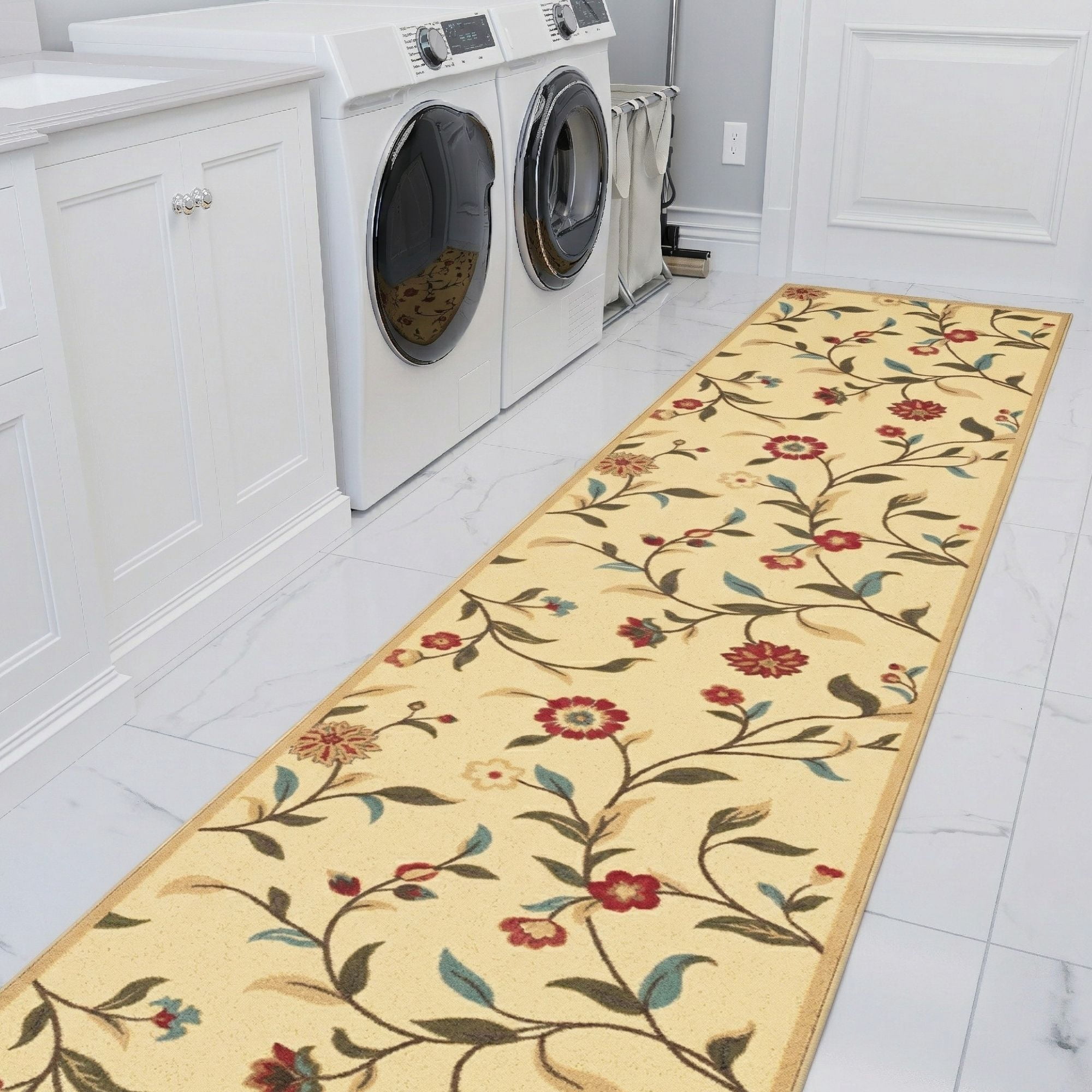 Ottomanson Extra Long Runner Rug 2'7" x 41' – Non-Slip Low Pile Hallway Carpet, Floral Beige