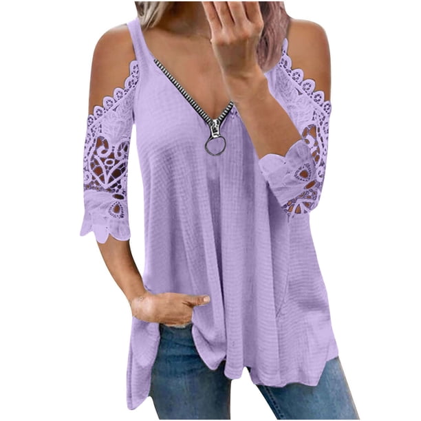 Blusas Para Mujer Elegantes, Informales, de Talla Grande, Blusas, Camisas Con Hombros Descubiertos, Encaje, Media Mangav, Cuello Con Cremallera, Camiseta Hueca, Blusa Odeerbi ODB154529