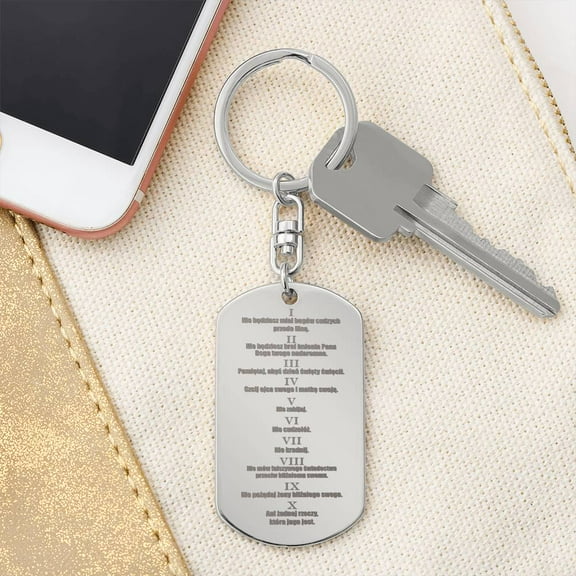 Ten Commandments Polish Przykazań Bożych Engraved Dog Tag Bible Keychain Stainless Steel or 18k Gold