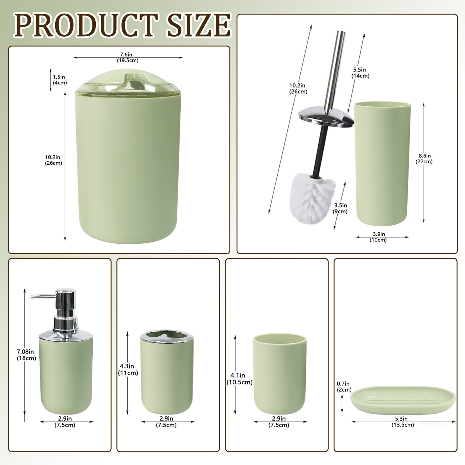 CERBIOR 6-Pieces Plastic Soap Dispenser Toothbrush Holder, Avocado Green