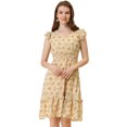 thumbnail image 1 of INSPIRE CHIC Robe à Volants Smockée à Col en V pour Femme à Manches Volantées à Motif Floral Jaune Pâle TP, 1 of 5