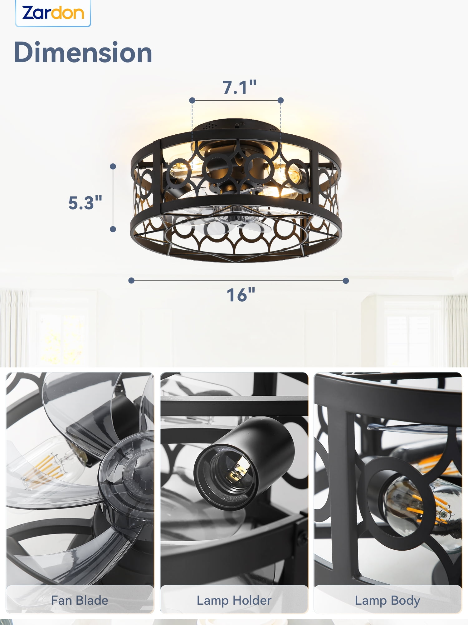 Zardon Ceiling Fans, 16" Caged Low Profile Ceiling Fans with Light and Remote, Reversible 6 Speeds, for Bedroom, Kitchen, Black