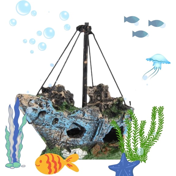 Fish Tank Decorations, Resin Shipwreck Aquarium Decor, Sunken Ship Aquarium Decorations, Betta Fish Tank Accessories, Wrecked Ship Fish Hideout for Freshwater Saltwater Tanks