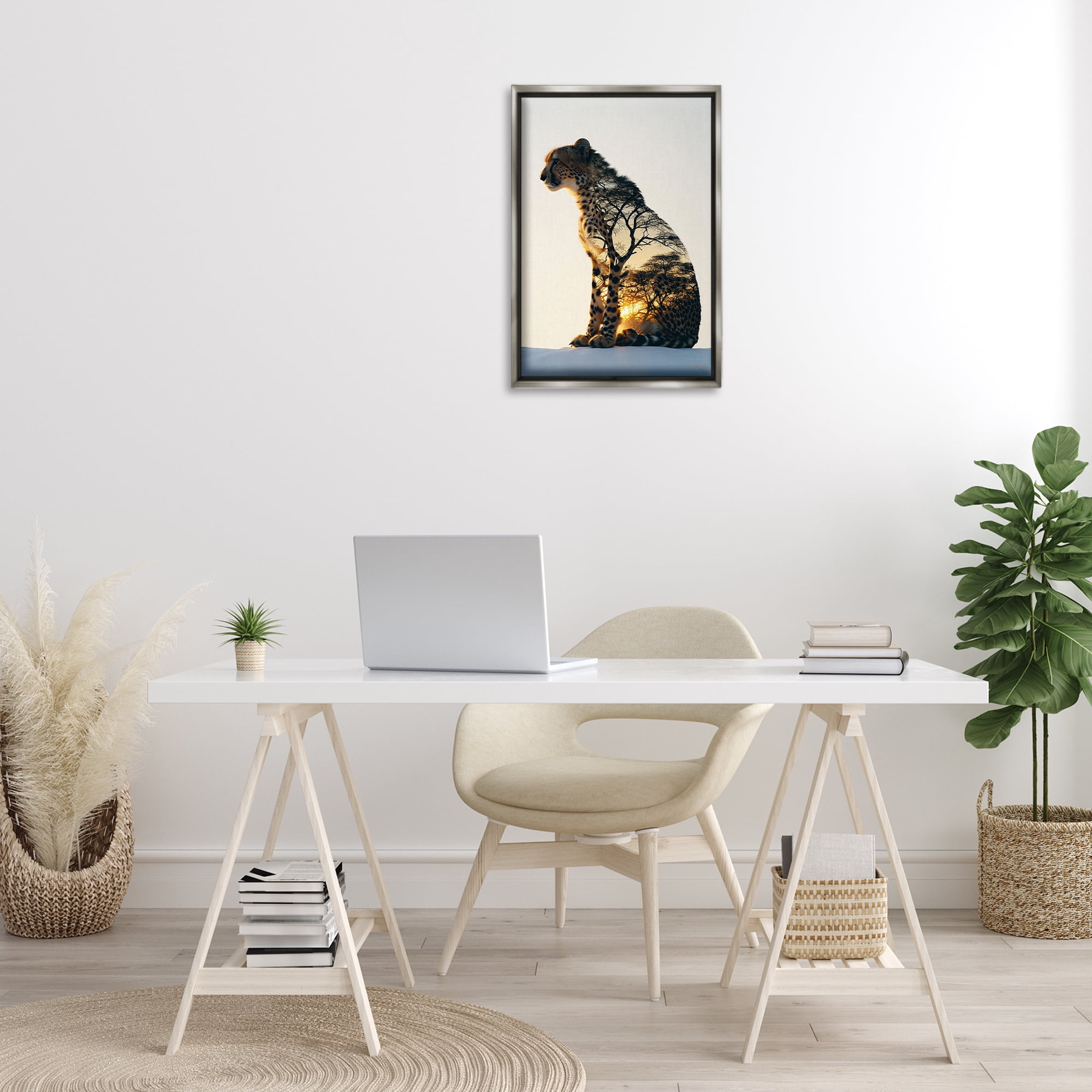 Stupell Industries Leopard with Silhouette Animals & Insects Painting Gray Floater Framed Canvas Art Print Wall Art, 17 x 25