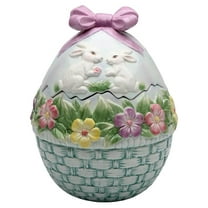 Ceramic Cookie Jar Egg Shaped - 7.38" Floral Rabbit Treat Jar - Decorative Kitchen Canister - Farmhouse Style Biscuit Container - Gift for Bakers