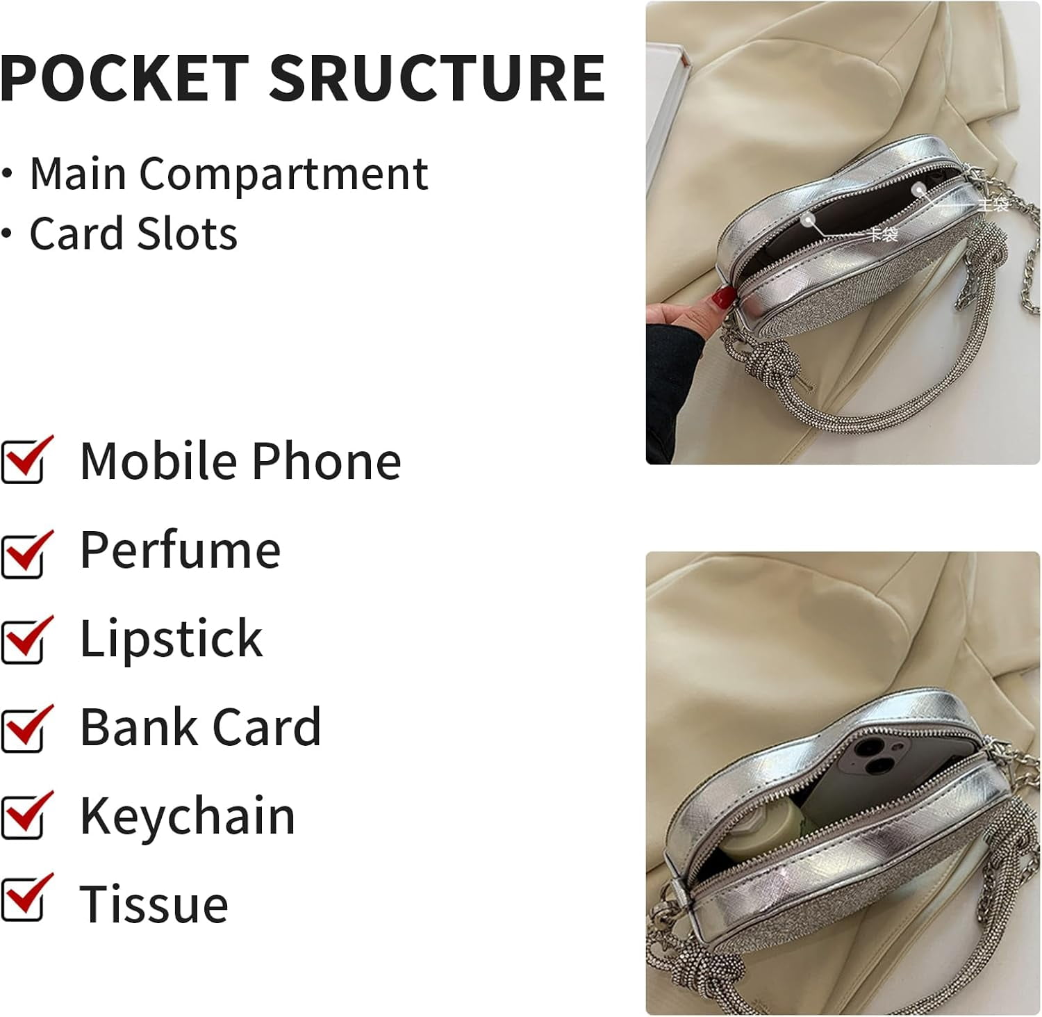 Silver Crossbody Purse, Heart Purse Evening Clutch Small Shoulder Purse Rhinestone Purse Crossbody Bag for Women