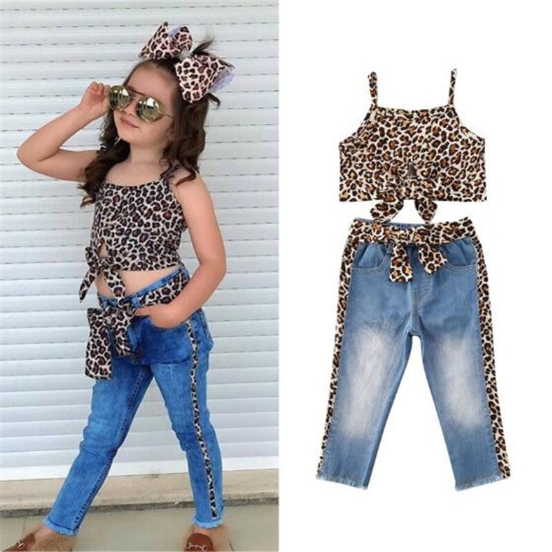 3PCS Kids Baby Girls Leopard Outfits Clothes T-shirt Tops+Ripped Jeans Pants Set 