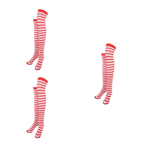 3pcs Christmas Red White Stockings Thigh High Striped Over Knee Socks for Women Girls - Free Size