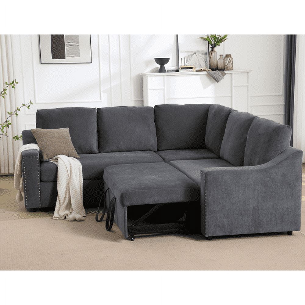 BSHTI L-Shaped Sofa with Pull-Out Sofa Bed,Corner Sofa,Living Room Furniture Set,Sleeper Sofa Bed,Corner Seat for Two with Broaching Sofa,Rivet DeChenille,Gray