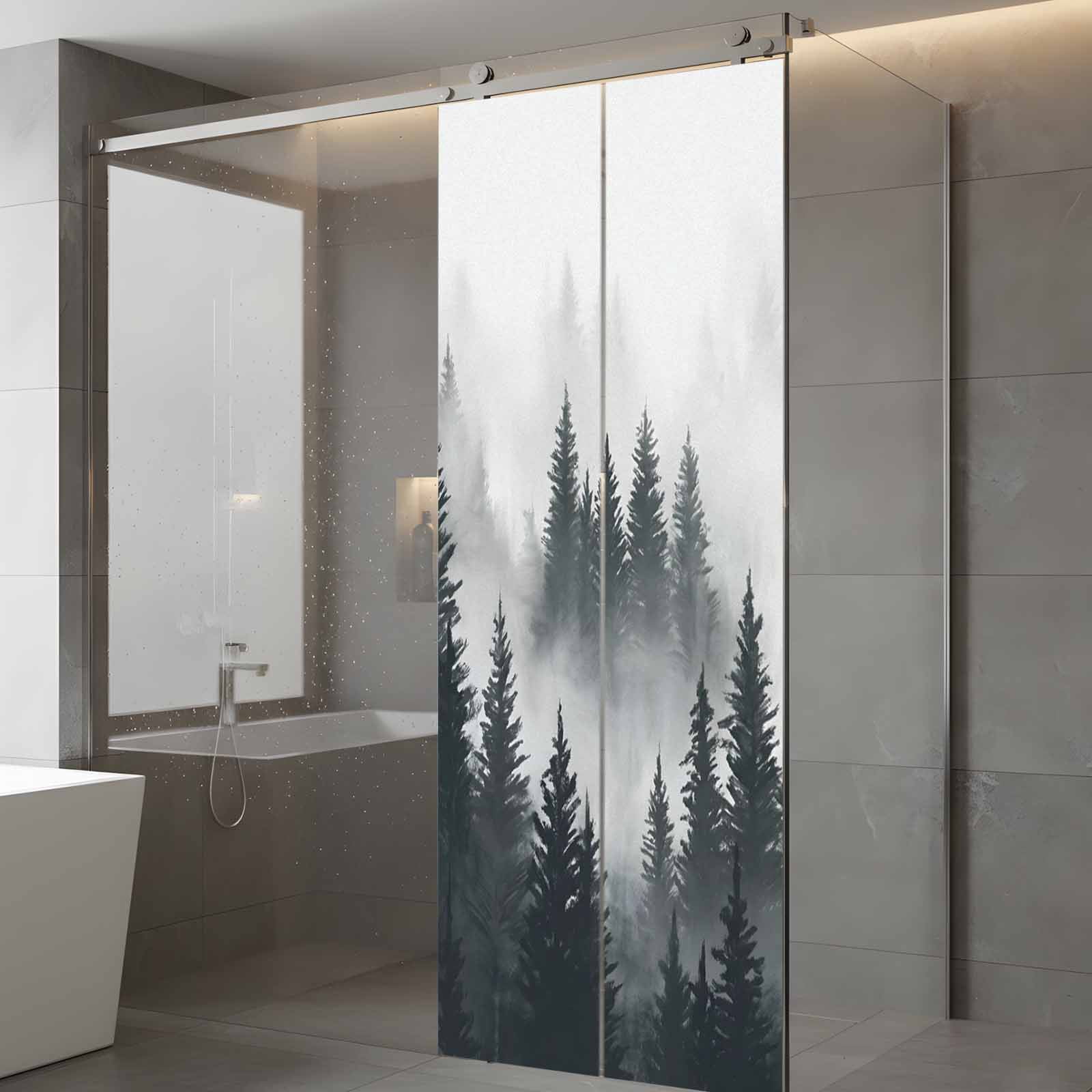 Black Forest Window Privacy Film, Misty Pine Trees Foggy Black Trees Frosted Glass Window Clings Static Cling UV Heat Blocking Reusable Door Sticker for Bathroom 23.6 x 59 Inch