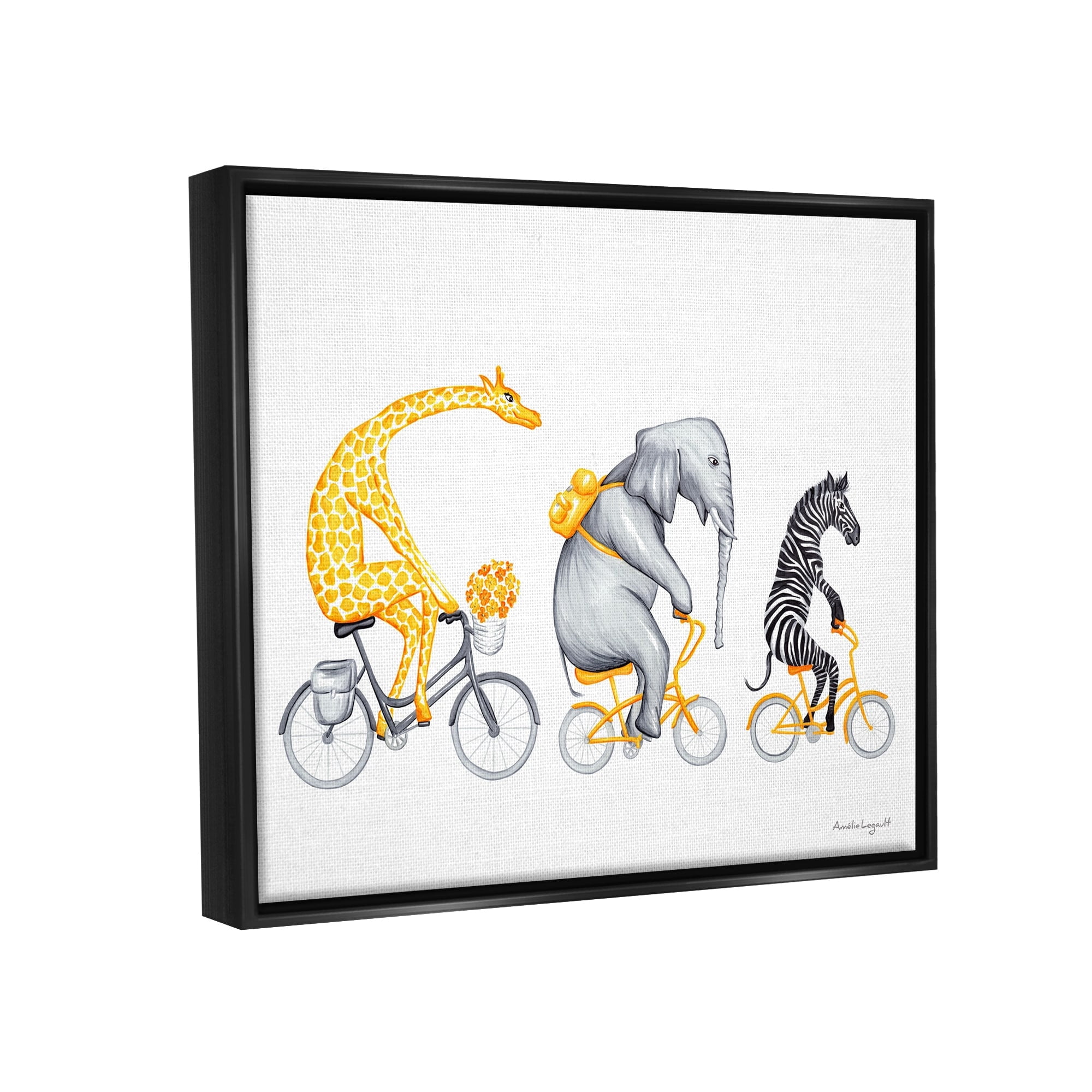 Stupell Industries Savanna Animals Riding Bikes Bicycles Yellow Accent Graphic Art Jet Black Floating Framed Canvas Print Wall Art, Design by Amelie Legault