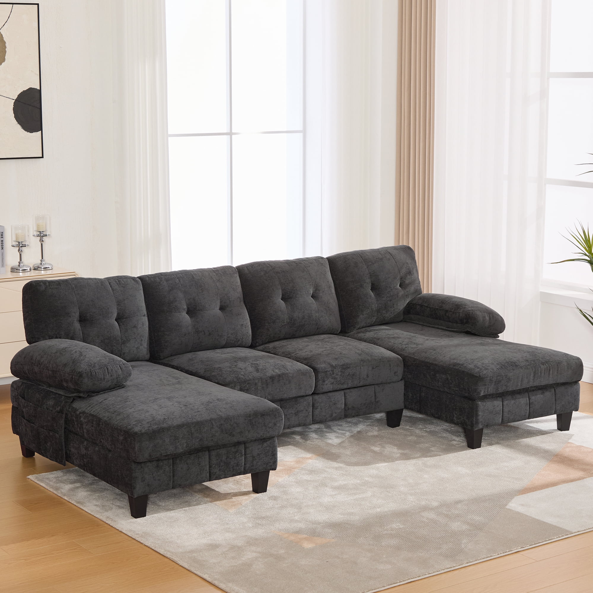 Leumius U Shaped Sectional Sofa, 103.5" Chenille Fabric Couch with Double Chaise Lounges, U Shaped Couch for Living Room, Black
