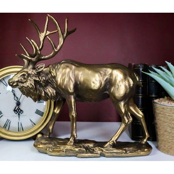 Large Wapiti Bull Elk Deer With Towering Antlers Rustic Statue In Gold Patina