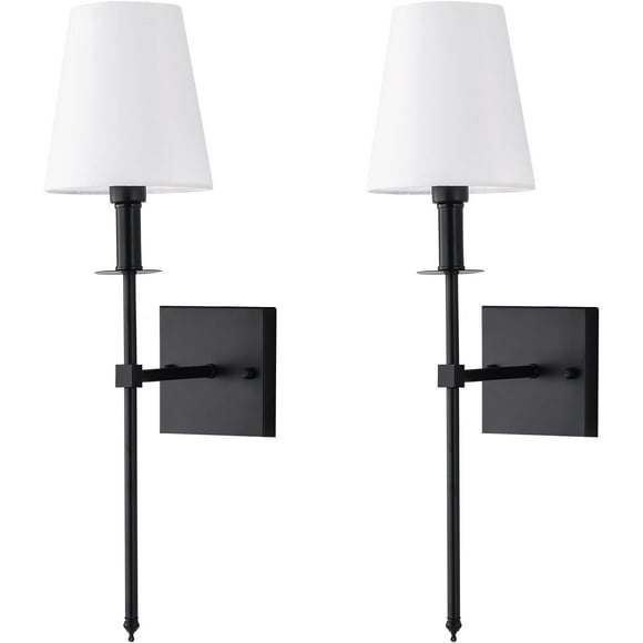 GUSTELL Slim Wall Sconce Set of 2 White Fabric Shades Wall Sconce Hardwired Indoor Wall Light Column Stand Bedroom Wall Lamps Bathroom Vanity Light Fixture, Black
